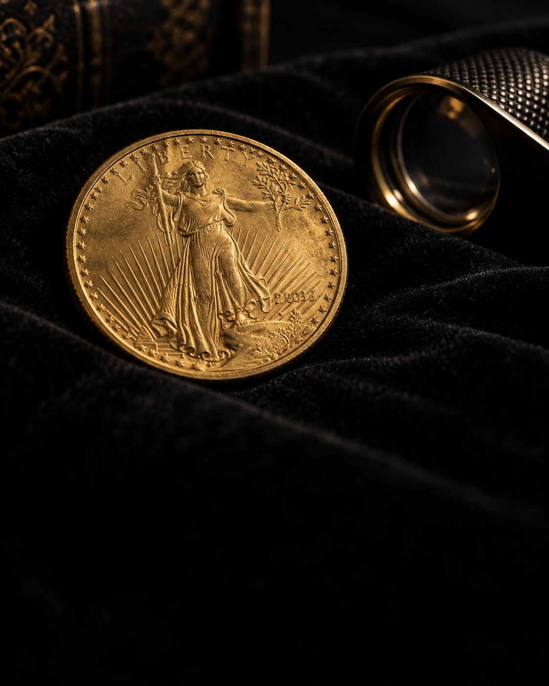 Historic American gold coin under careful examination on a dark velvet surface